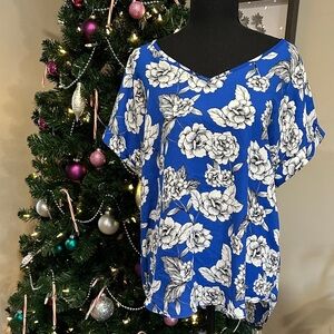*PINK ROSE* Blue x White Floral Blouse V-Neck Top Size XL
